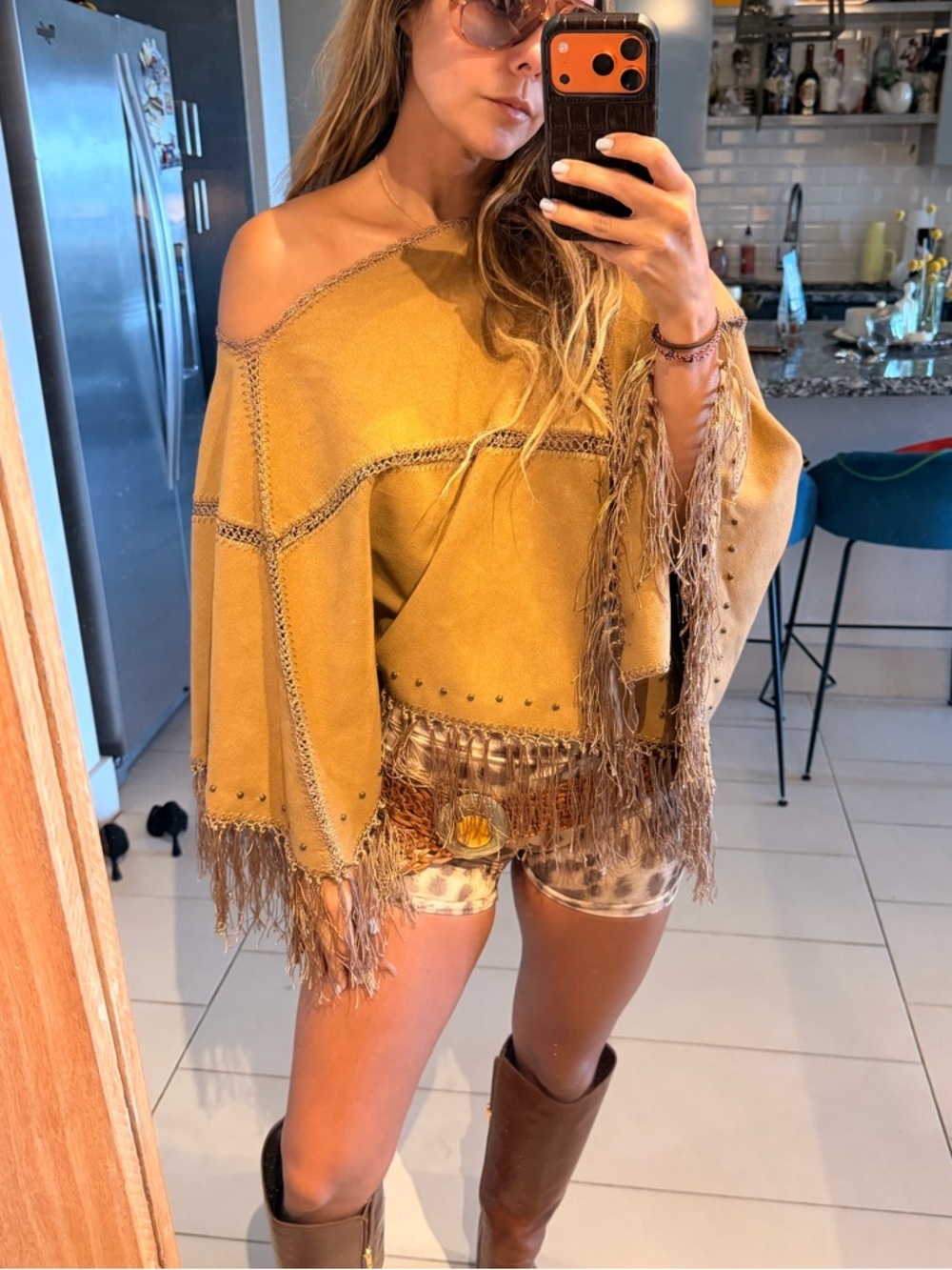 Bit & Bridle Camel suede Fringe Poncho festival top
